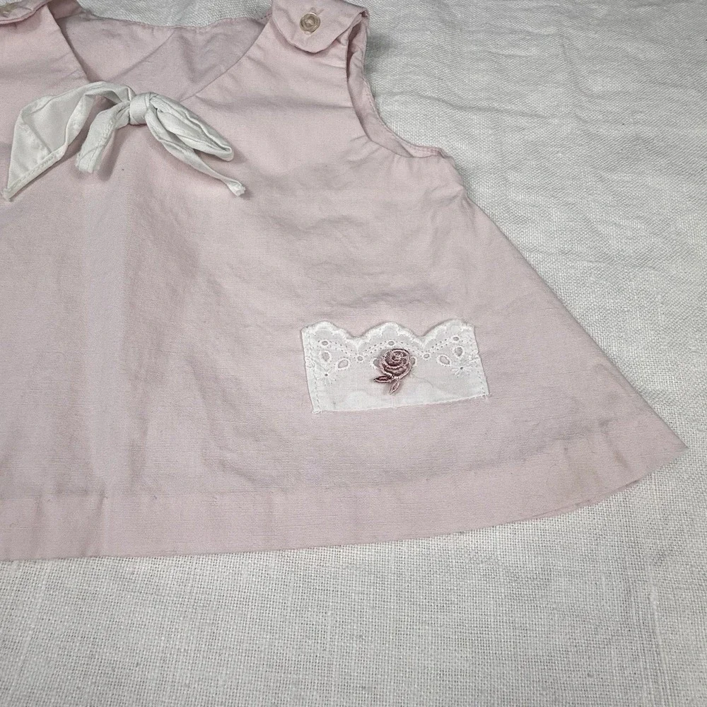 Primitive Dress Girls 0-3M Pink Gingham Peter Pan Collar Embroidered Mushroom